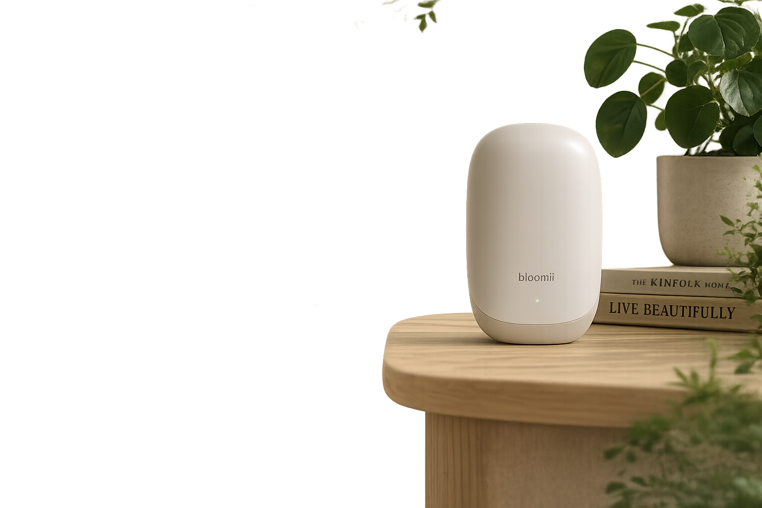 bloomii-sensor i Lys Sand på et træbord ved siden af en bøgestak og en potteplante